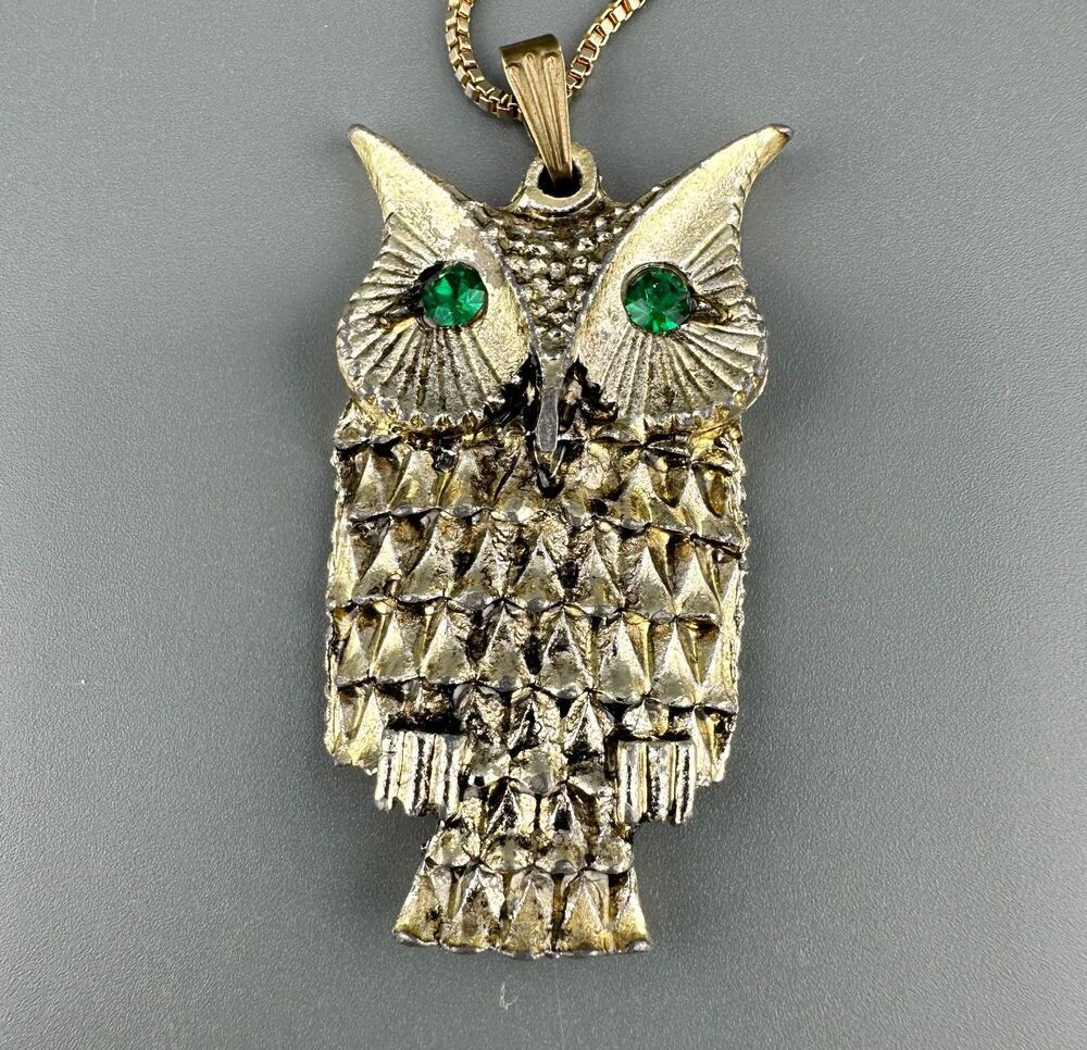 Vintage Owl Pendant Necklace Antiqued Gold Tone Textured Green Eyes 30" Chain